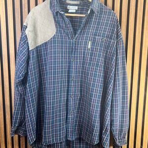 Columbia River Plaid Flannel Shirt Mens XXL Blue Green Button Down Hunting Patch